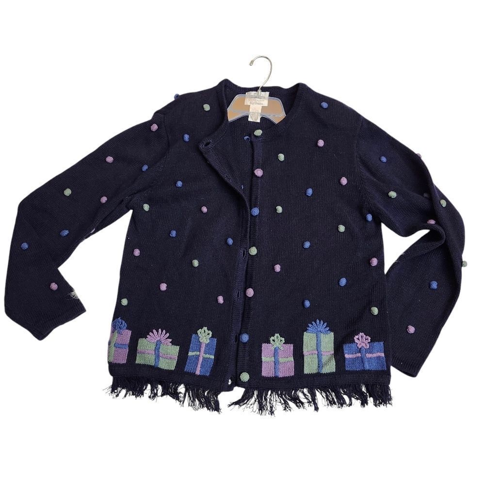 Christopher & Banks VTG Hand Embroidered Birthday Christmas cardigan sweater LG - Picture 5 of 12